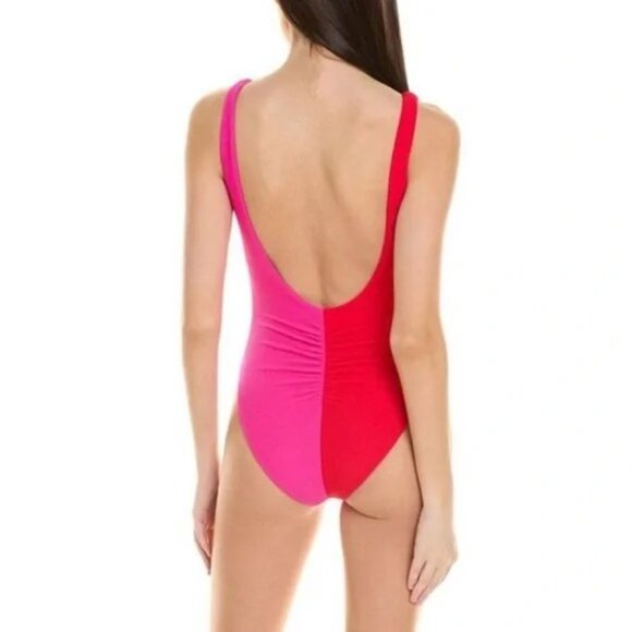 Terez Pink and Red Color-Block One Piece Swimsuit Textured Size XL NWT Ruched - Picture 2 of 4
